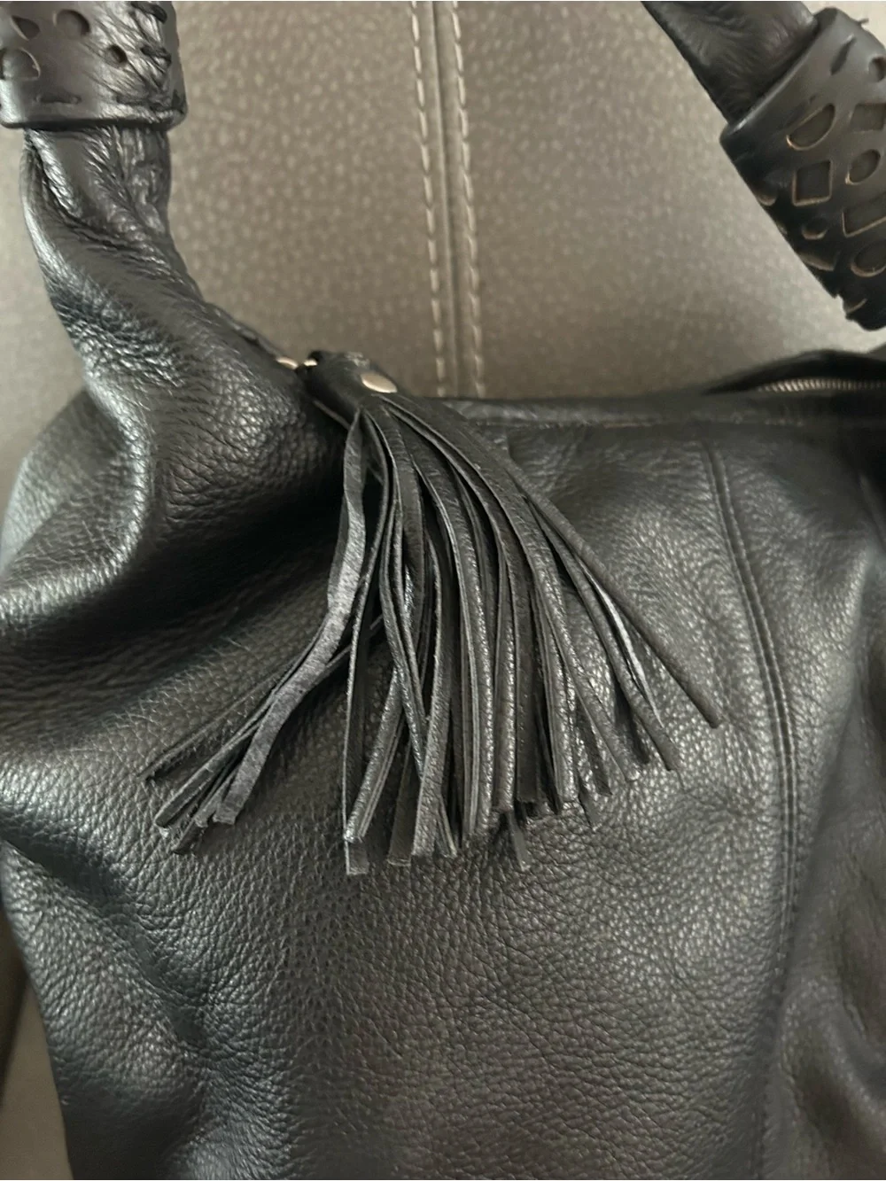 Coldwater Creek Black Leather Hobo with Tassel and Cutout Strap Accents